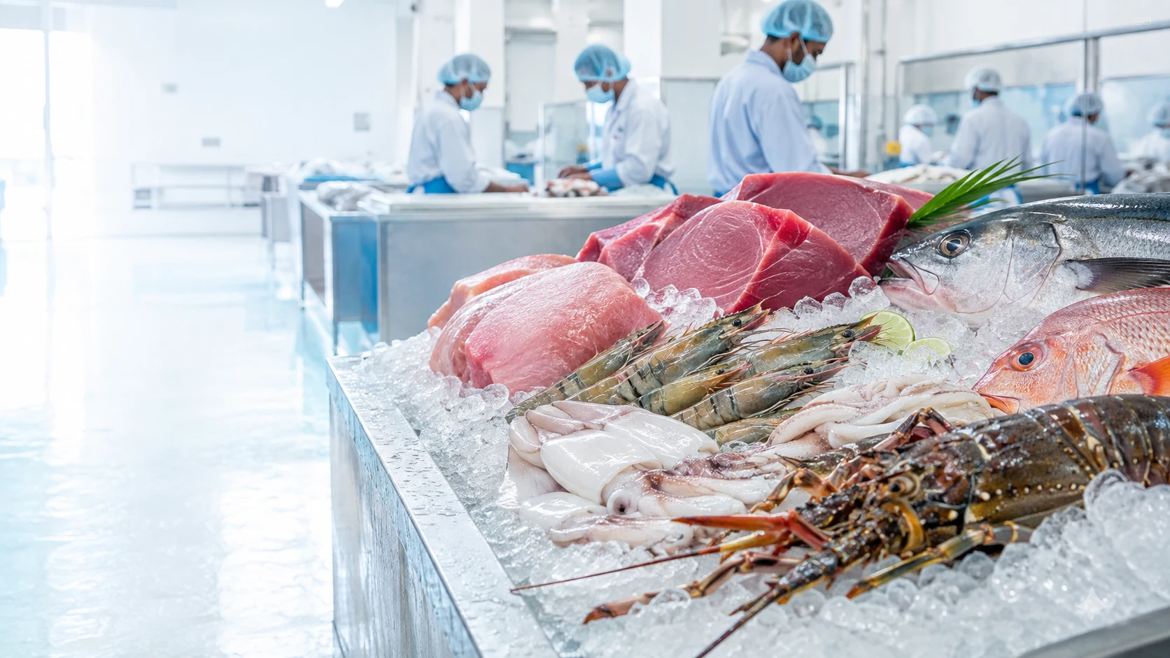 Premium Sri Lankan fish, prawns, squid and lobster in a bright hygienic processing facility